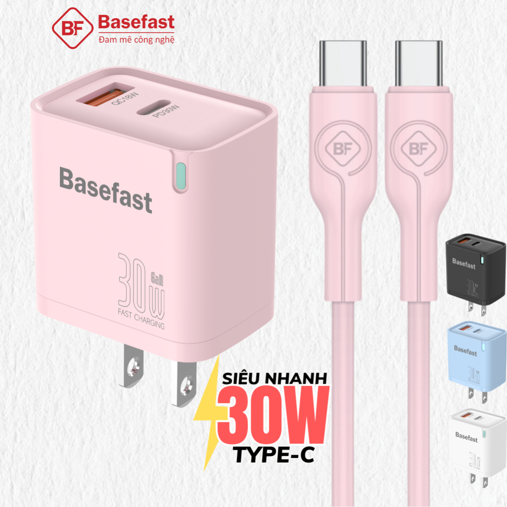  Bộ sạc nhanh type C 30W 2 cổng Basefast Combo Cốc 30W kèm dây silicon dùng cho iP 15 16 samsung oppo 