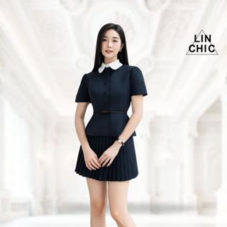 Set áo vest kiểu nữ phối cổ sen kèm đai lưng và chân váy xếp ly ngắn tiểu thư Linchic A-VEST35