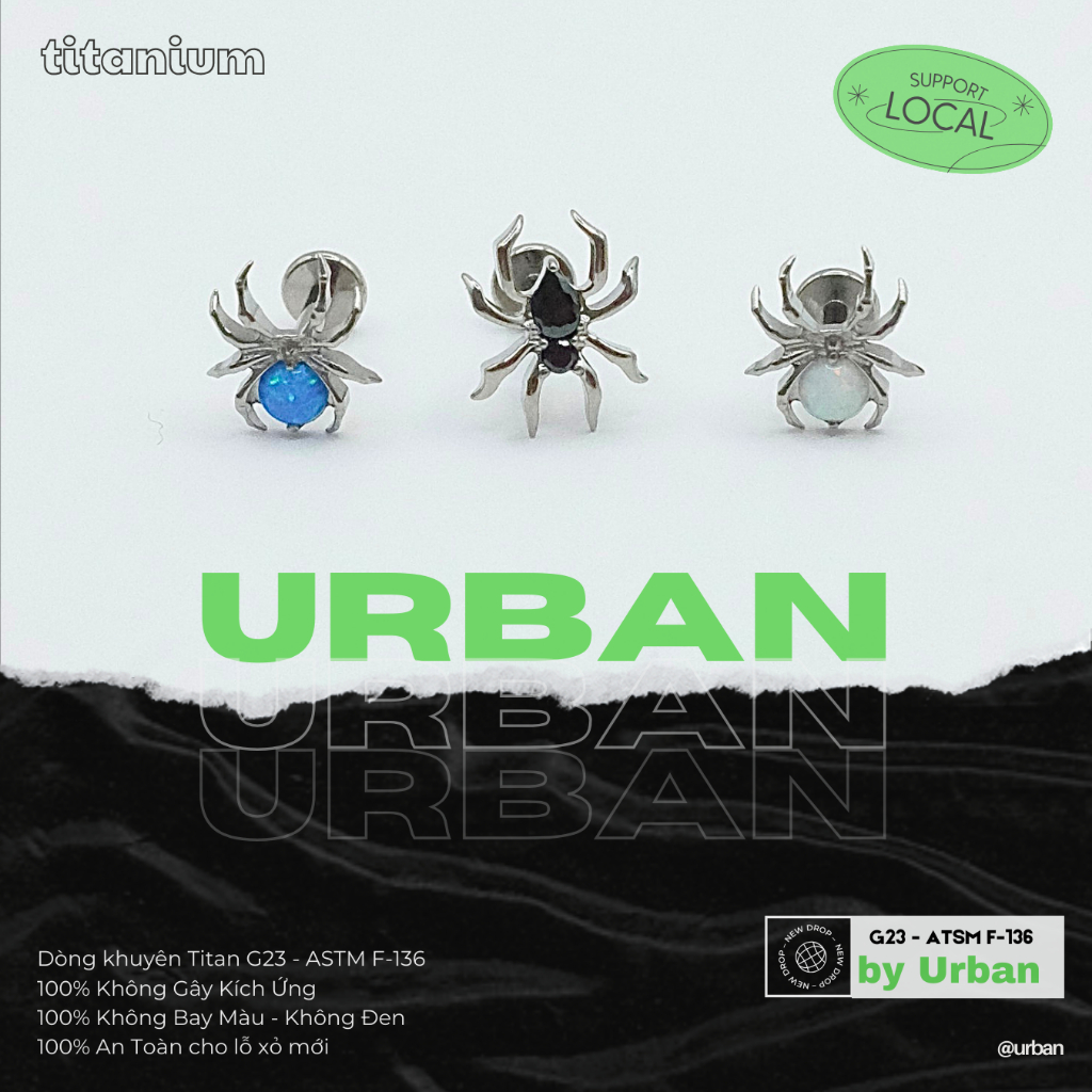 [1 Mặt Khuyên] Khuyên tai, chất liệu titan G23 F136 NHỆN Unisex Không Ngứa Không Đen urban [XỎ]