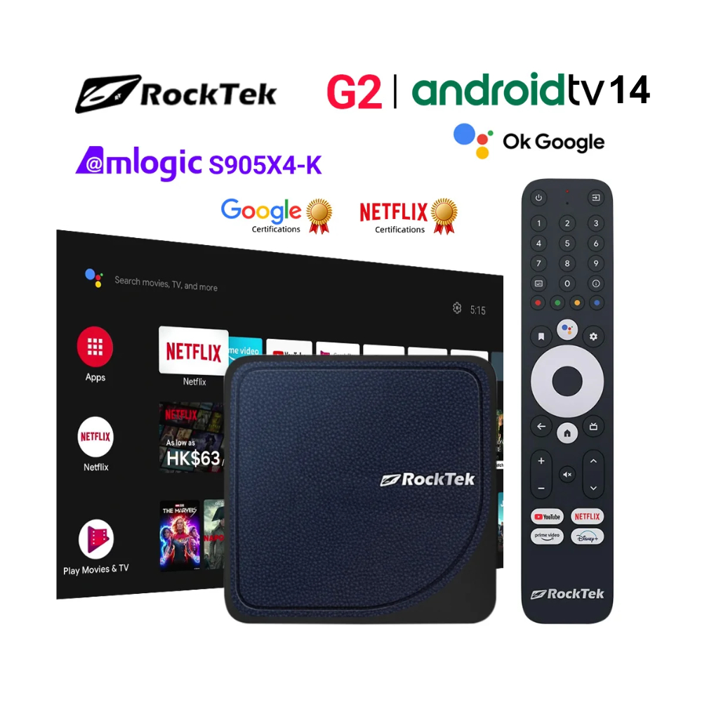 Android TV Box RockTek G2, RAM 4GB/64GB, chứng nhận Netflix, Google, Dolby Vision-Atmos,TrueHD, DTS-HD, WiFi 6, LAN1000