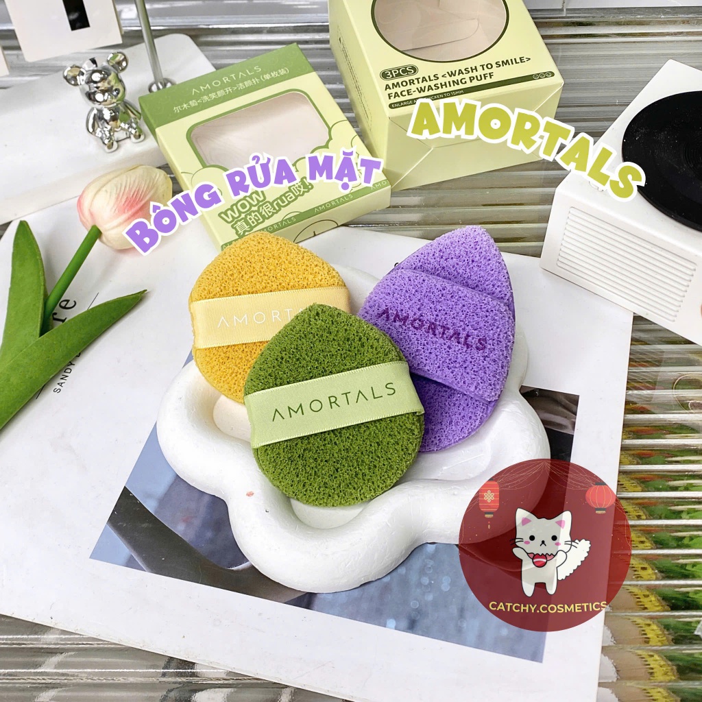 [AMORTALS] Bông Mút Rửa Mặt Amortals Vỏ Xanh, Bọt Biển Hình Giọt Nước, Face-Washing Puff