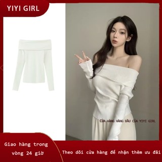 Áo len dệt kim dáng ôm màu trắng phong cách Hàn Quốc dài tay hở vai gợi cảm