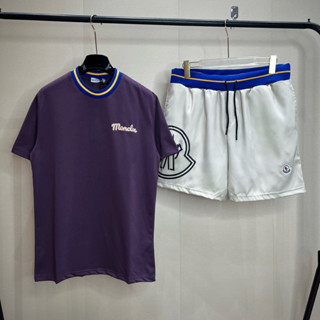 Đồ bộ quần áo nam mùa hè PB cotton thêu chữ ngực phối cổ bo chun sọc xanh quần gió in logo basic BH283P