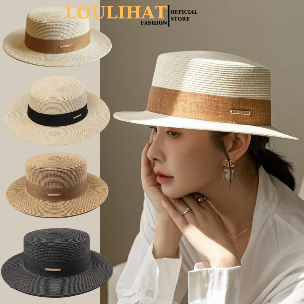 Nón cói đầu bằng đi biển đính mặt sắt fashion LOULIHAT, mũ cói rộng vành chống nắng phối dây màu vintage Hàn Quốc NCLB06
