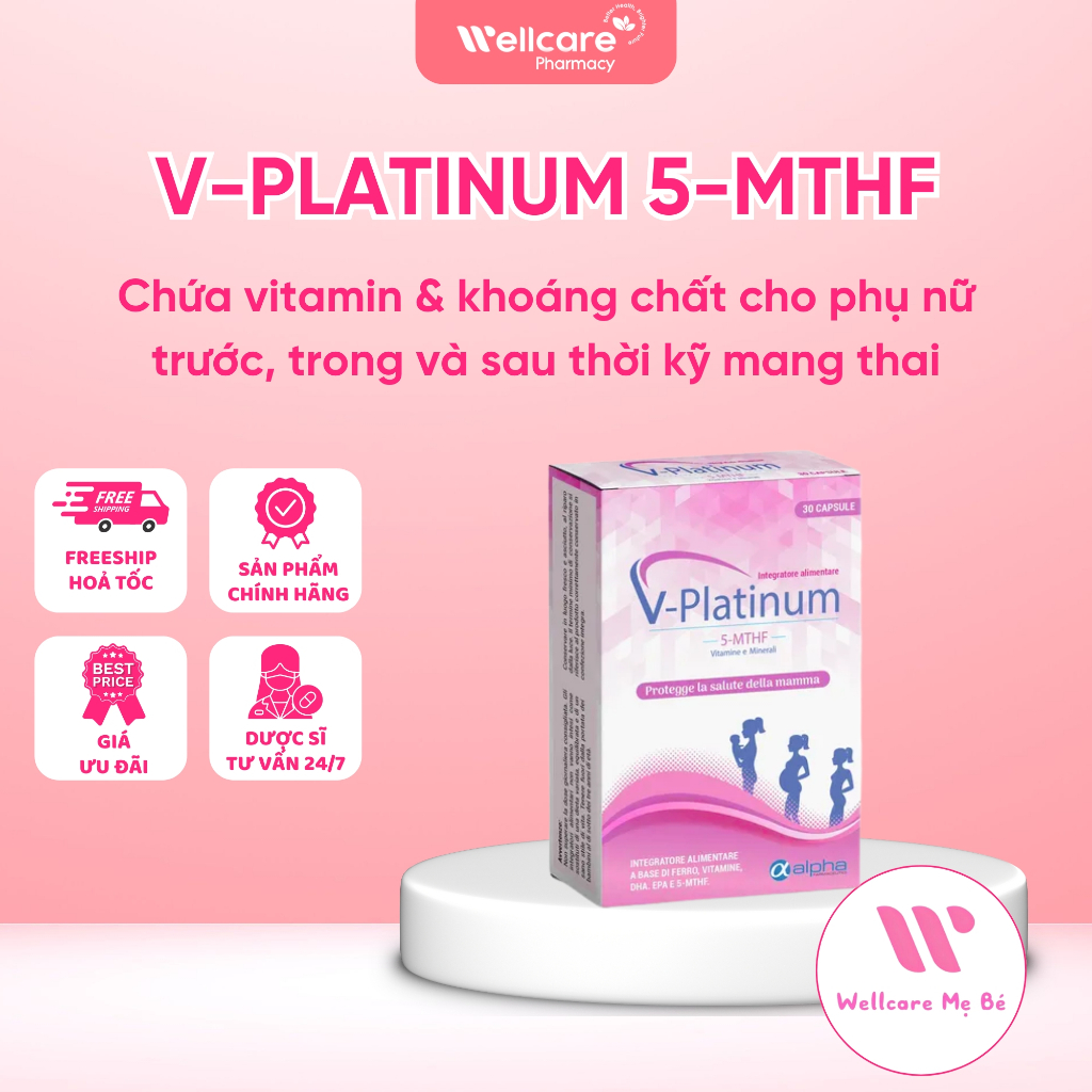 [SẢN KHOA] Vitamin Bà Bầu V-PLATINUM 5-MTHF Hộp 30 Viên Cho Phụ Nữ Trước, Trong & Sau Mang Thai