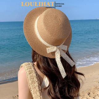 Nón cói đầu bằng đi biển phối dây ren thắt nơ LOULIHAT, mũ cói nữ rộng vành chống nắng đi dạo dễ thương vintage NCLB07