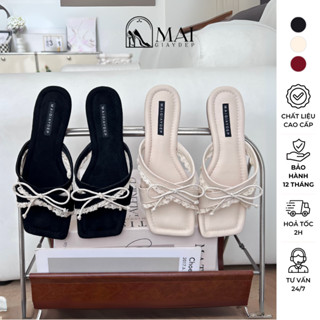 Dép sandal nữ quai chéo đính ren nơ bánh bèo, mũi vuông, chất liệu êm chân, form chuẩn tôn dáng - DORA | MAIGIAYDEP