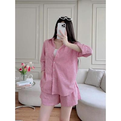 Evalover Set 287 kẻ áo sơ mi kèm quần sooc  dáng rộng họa tiết kẻ sọc phong cách Hàn Quốc cho nữ