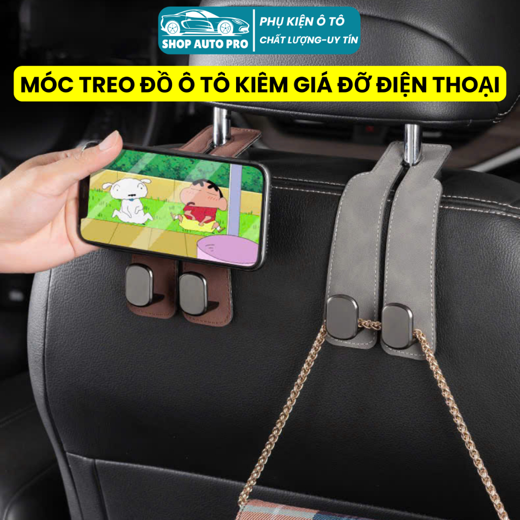Móc Treo Đồ Ô Tô Cao Cấp Kiêm Giá Đỡ Điện Thoại, Móc Treo Đồ Trên Xe 2 Trong 1 Tiện Lợi Gắn Sau Ghế 