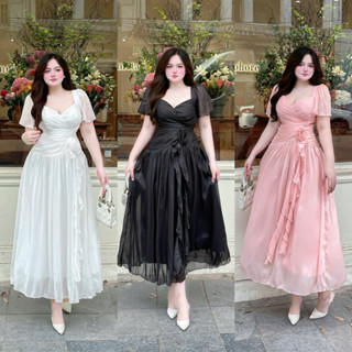 BIGSIZETIX D48 Đầm dự tiệc tiểu thư dáng dài thiết kế cổ V tay ngắn phối hoa eo xinh xắn 50-90kg
