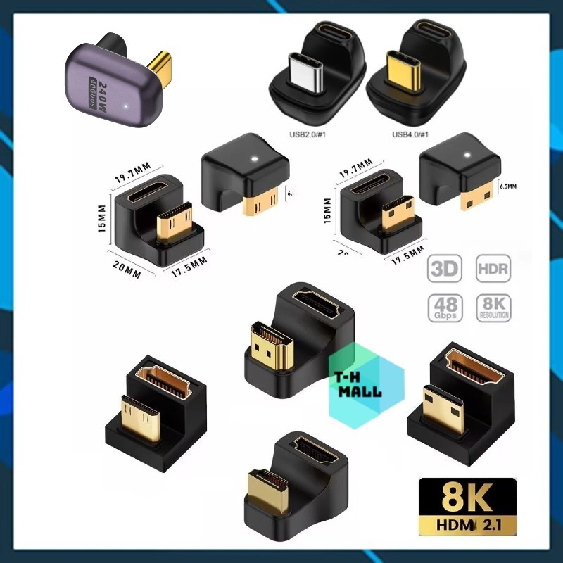 Đầu Chuyển Đổi Nối Dài Góc Chữ U Lên Xuống Type C Mini HDMI 2.1 4K 8K 60Hz…