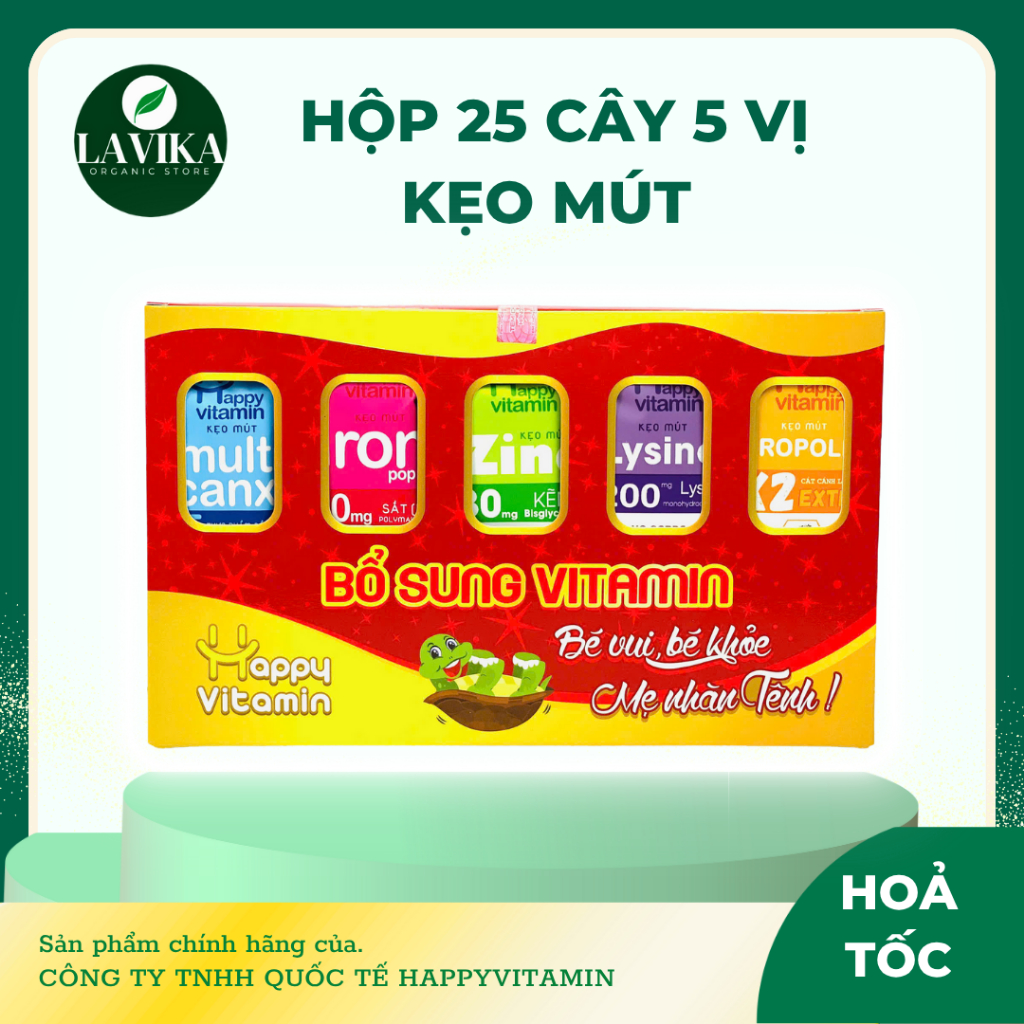 Hộp Mix 5 Vị Kẹo Mút Happy Vitamin Sắt,Canxi,Kẽm,Lysine,Keo Ong Hương Vị Trái Cây-LAVIKA Organic