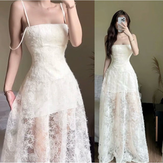 Đầm dự tiệc 2 dây ren hoa lông xù mẫu siêu sang siêu hot