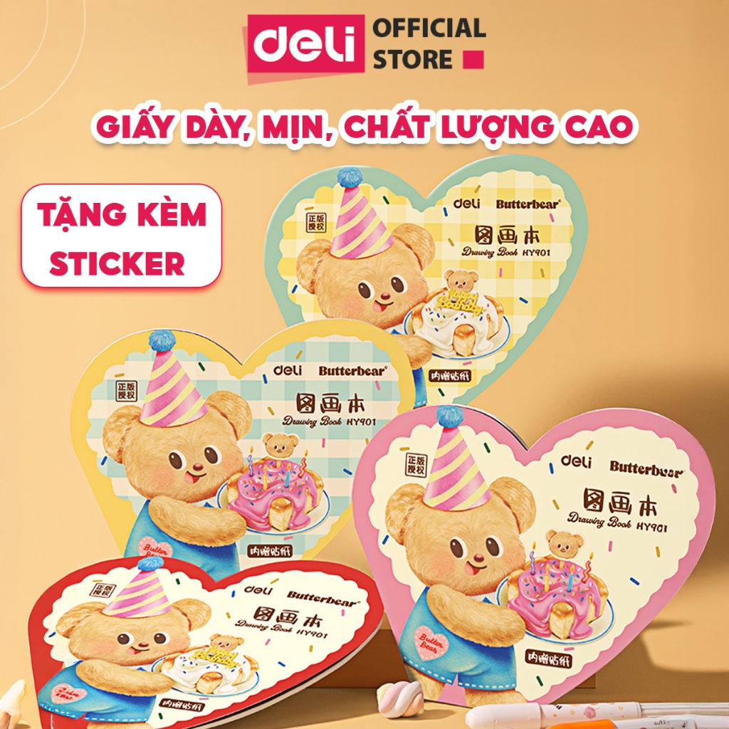 Sổ Vẽ Butterbear Deli Vở Vẽ Gấu Bơ Tập Tô Màu Học Sinh 21 Tờ Giấy Dày Mịn Nhiều Hình Lựa Chọn Tặng K