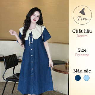 Váy bầu Đầm bầu TIRA MAMA VB06 Váy suông bigsize dáng dài Đầm bầu công sở Váy bò bầu cổ bèo thắt nơ