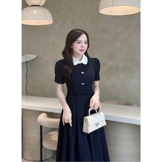 Váy công sở cổ sen viền trắng tay bồng xếp ly dáng dài đi làm, dự tiệc