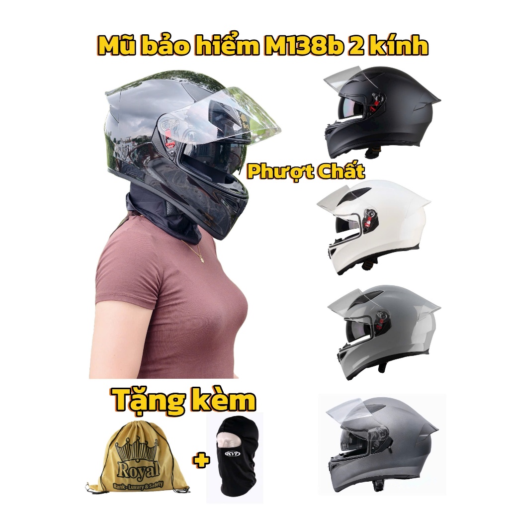 Mũ bảo hiểm Fullface M138b 2 kính chính hãng-Nón bảo hiểm Royal M138b tặng túi rút và khăn ninja