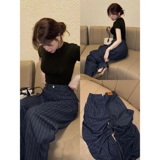 Quần Suông Nữ Jean Giấy Cạp Cao Kẻ Sọc Hàn Quốc Chất Mềm Tôn Dáng Phong Cách Trẻ Trung Hot Trend