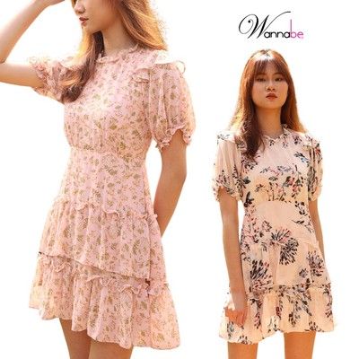 Váy hoa voan tơ cao cấp Wannabe váy chữ A phối bèo xinh xắn, sang trọng DC002