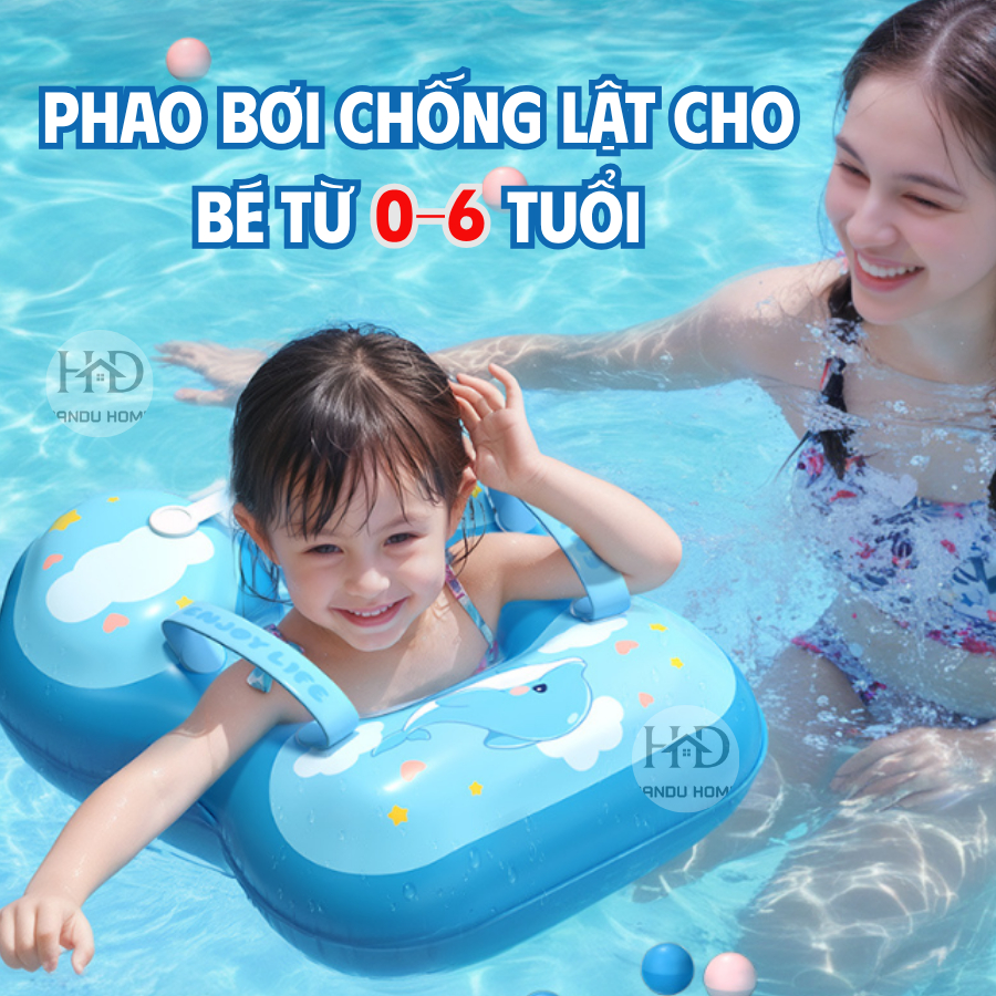 Phao Bơi Chống Lật Cho Bé Từ 0-6 Tuổi, Phao Tập Bơi Có Quai Chống Lật Bảo Vệ Bé An Toàn - Thiết Kế Tự Động Bơm Tiện Lợi