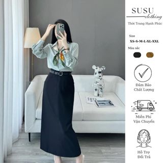 Chân váy susuclothing dáng dài maxi phong cách công sở có túi có lót kèm đai da A82
