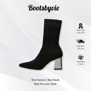 Giày Bốt Nữ Cao Gót 7cm, Boot Len cổ lửng tráng gương đế vuông - ⚜️ BOOTSBYVIE ⚜️