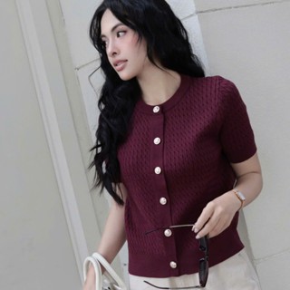 Margot Top - Áo Len Dệt Kim Cardigan Tay Ngắn Vặn Thừng Nút Vàng - WHATTOWEAR