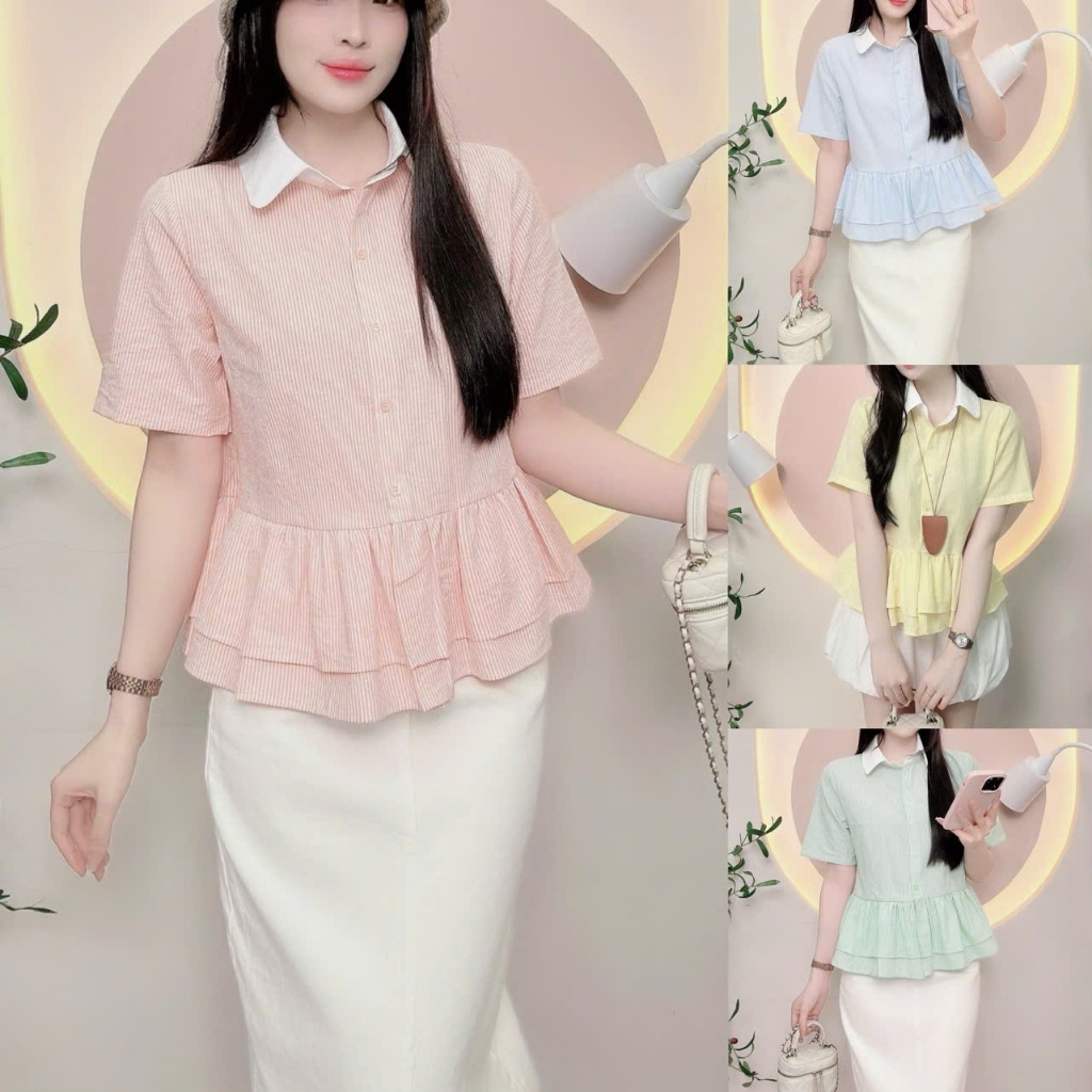 Áo sơ mi kẻ sọc cọc tay nữ dáng babydoll xinh xắn trẻ trung  LAMO- B1415