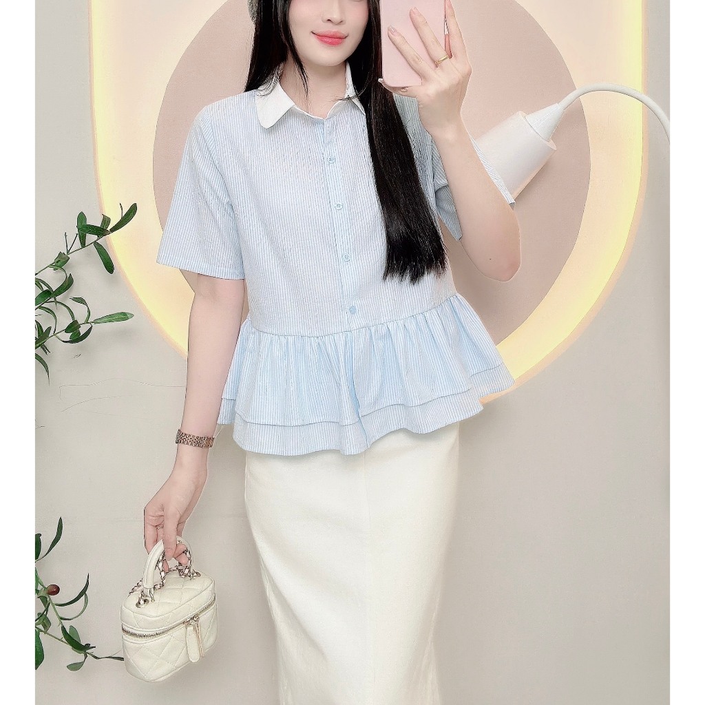 Áo sơ mi kẻ sọc cọc tay nữ dáng babydoll xinh xắn trẻ trung  LAMO- B1415 | BigBuy360 - bigbuy360.vn