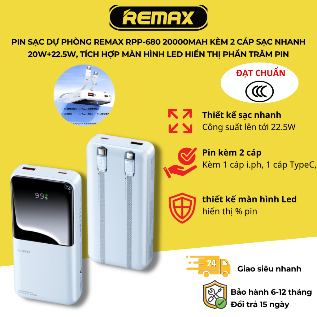[ Có 𝐂𝐂𝐂 ] Pin sạc dự phòng Remax RPP-680 20000mAh Kèm 2 cáp sạc nhanh 20W+22.5W, Tích hợp màn hình led hiển thị phần tr