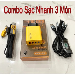Combo Sạc Nhanh 3 Món : Củ Sạc Nhanh 120w 4 Cổng,Cáp Sạc Nhanh 100w 3 Đầu, Cáp Sạc 4 Đầu (Cáp 4in1)