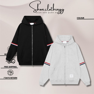 Áo Khoác Hoodie Zip Thom Bờ Rao Tay Phối Sọc Phối 2 Khóa Kim Loại Chất Nỉ Chân Cua Full Tem Tag Mạc