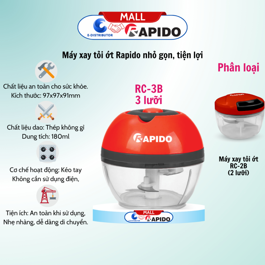 Máy xay tỏi ớt đa năng Rapido RC-3B/RC-2B - Hàng chính hãng