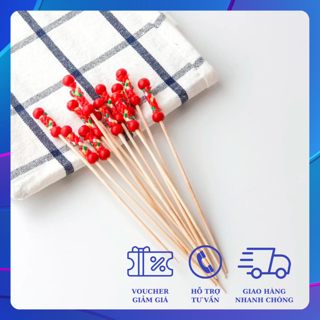 Túi 100c xiên tre hạt đỏ xiên thức ăn, decor đồ uống, cocktail