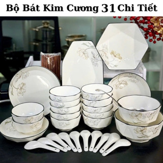  Bộ bát đĩa 31 chi tiết vân kim cương họa tiết hoa cúc 4D gốm sứ ceramic cao cấp 