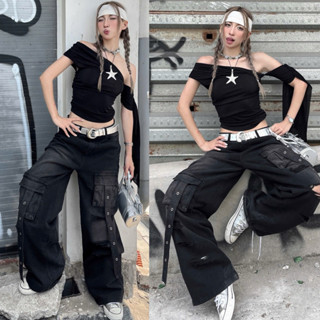 Quần cargo JEAN Rách 2DAY - Quần bò ống rộng túi hộp phối dây màu Xám đen form nam nữ Unisex