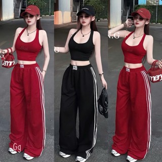 Sét bộ áo 3 lỗ croptop chữ Bad , phối quần dài ống rộng sọc 2 bên cực hot