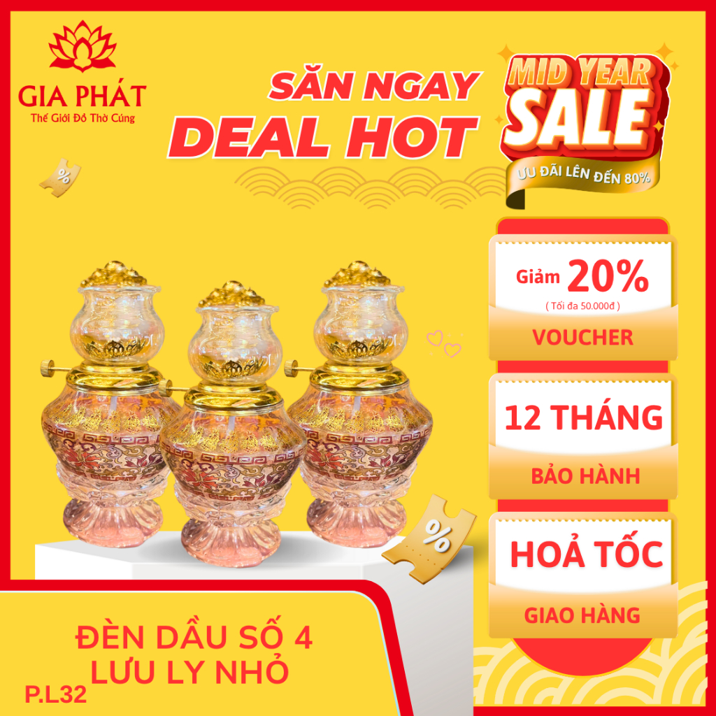 Đèn dầu thờ hoa sen phale lưu ly nhỏ số 4 hàng cao cấp Gia Phát