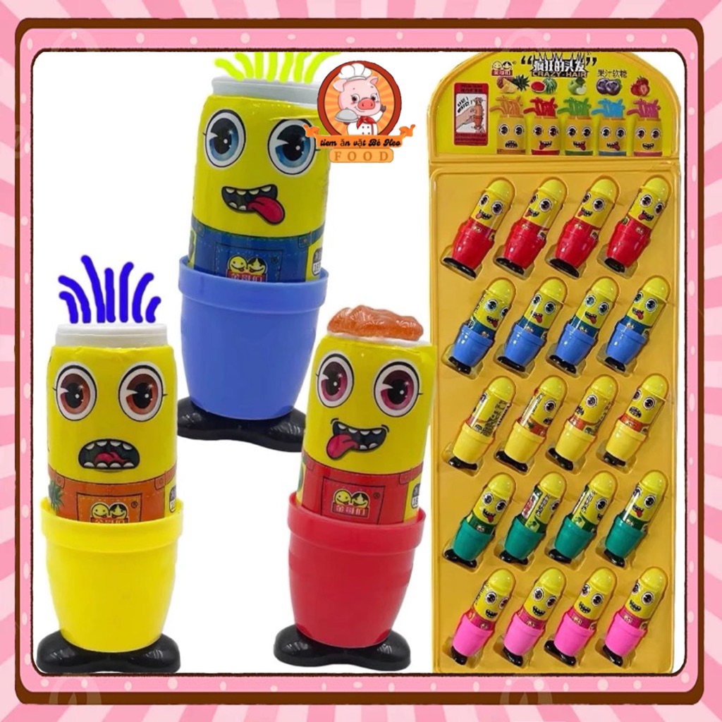 Vỉ 20 cây kẹo son minion, kẹo son minion đùn sợi tóc, kẹo son dẻo tóc dài minion