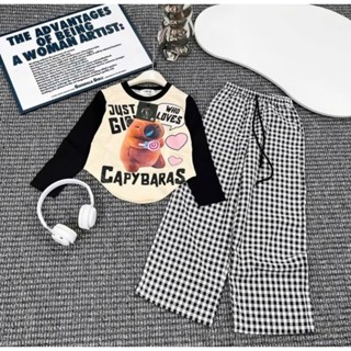 BỘ QUẦN ÁO DÀI TAY QUẦN XUÔNG KẺ CARO IN CAPYBARA ĐÁNG YÊU CHO BÉ GÁI MẶC ĐI HỌC ĐI CHƠI