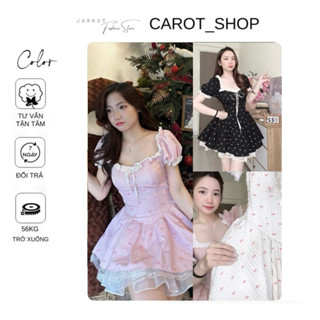 ( chuẩn 4 lớp) Đầm xoè công chúa in hoạ tiết nơ phối chân ren dễ thương by CarrotShop