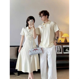  Set đồ đôi áo váy thun cặp đôi ngà áo nam cổ polo+đầm nữ dáng dài cổ V tim nâu xinh xắn 