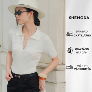 Áo Polo Nữ Cộc Tay Dệt Kim Cao Cấp SHEMODA Pearl Knit Cá Tính Cúc Ngọc Trai Sang Chảnh
