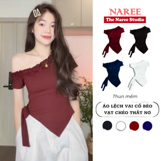 Áo Lệch Vai Nữ Cổ Bèo Vạt Chéo NAREE, Áo Thun Trễ Vai Thắt Nơ Hông Cộc Tay Croptop Dáng Ôm Body 416Q
