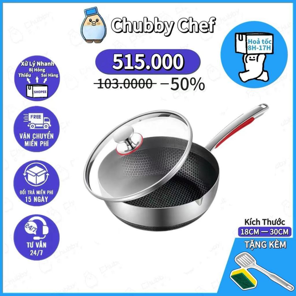 Chảo chống dính có nắp inox 316 tổ ong sâu lòng Chubby Chef SUS316L công nghệ chống dính an toàn đến