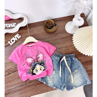 Đồ bộ bé gái, Set áo phông cotton in hình cô gái phối quần jean ngố thời trang cho bé gái từ 8-27kg One Day Kids