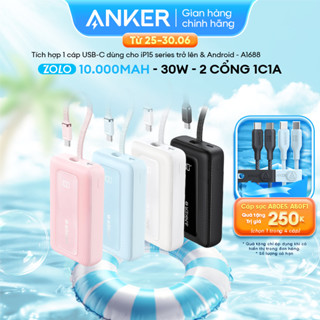 Sạc dự phòng ANKER Zolo 10kmAh | Sạc nhanh 30W - 2 cổng 1C1A - Tích hợp cáp USB-C cho iPhone 15/16 - A1688