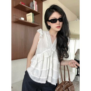   Sẵn  Áo kiểu nữ cổ V phối viền ren cao cấp Áo cách điệu tầng xoè -2 màu trắng đen dễ phối đồ AO008 