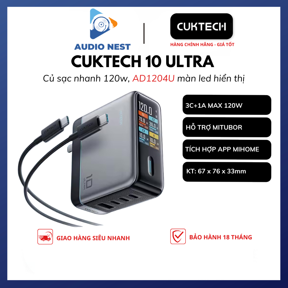 Củ Sạc Nhanh CUKTECH 10 Ultra GaN 120W Super Charger AD1204U - Bảo Hành 18 Tháng.