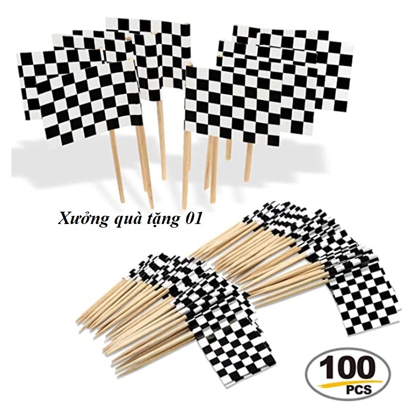 100 pcs cờ tăm họa tiết trắng đen kẻ caro dùng chơi trò chơi đua xe mô hình